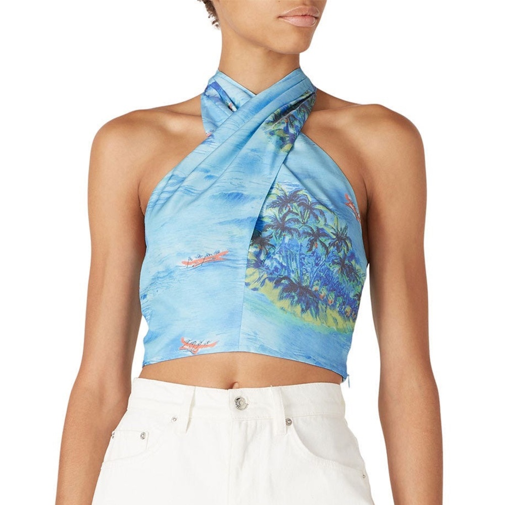 STAUD Blue Sleeveless Crop Halter Tank Top